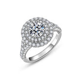 Double Halo Moissanite Engagement Ring — round brilliant moissanite double halo ring in rhodium-plated sterling silver