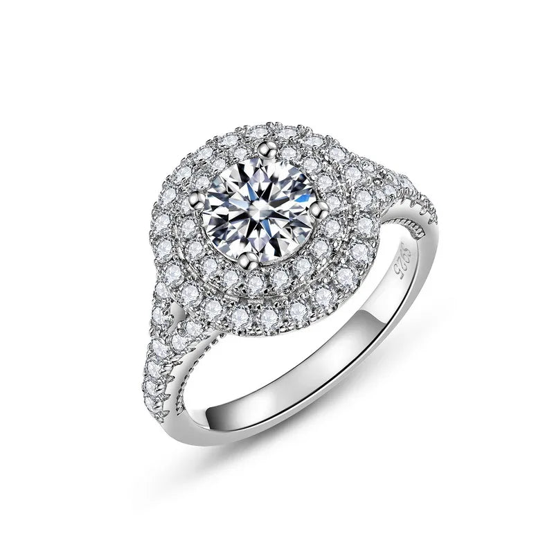 Double Halo Moissanite Engagement Ring — round brilliant moissanite double halo ring in rhodium-plated sterling silver