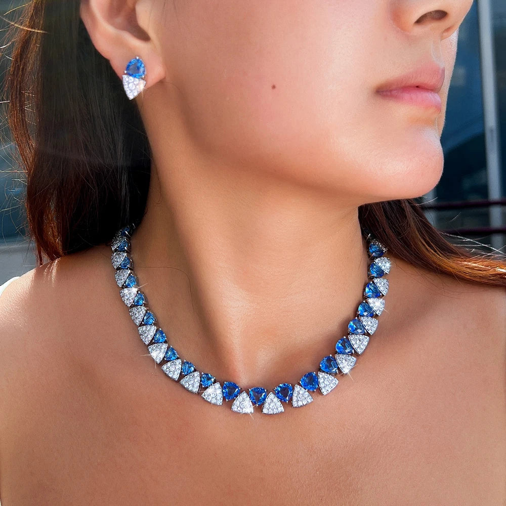 Luxury Unique Shiny Blue Synthetic Tanzanite Stone and White Zirconia Triangle Shape Bridal Wedding Party Jewelry Set for Women
