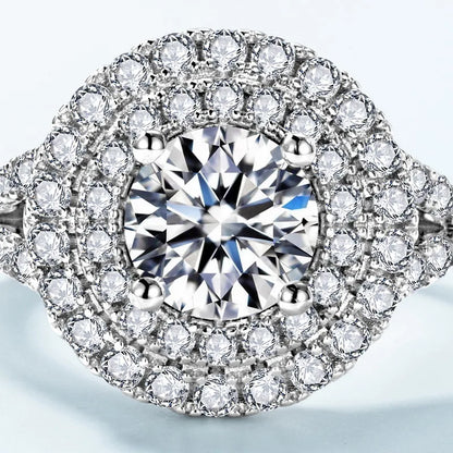 Double Halo Moissanite Engagement Ring — round brilliant moissanite double halo ring in rhodium-plated sterling silver, view 3 of 4