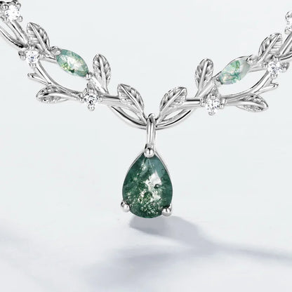 Vine Branch Moss Agate Teardrop Necklace — teardrop natural moss agate in sterling silver vine work, view 3 of 5