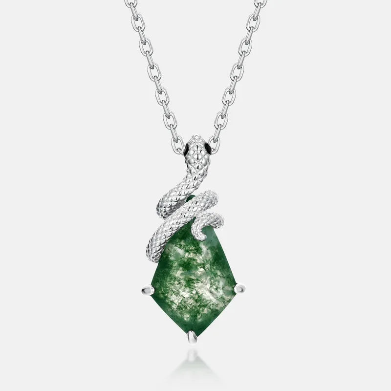 Serpent Kite Moss Agate Pendant Necklace — kite-cut natural green moss agate serpent pendant in rhodium-plated sterling silver, view 5 of 6