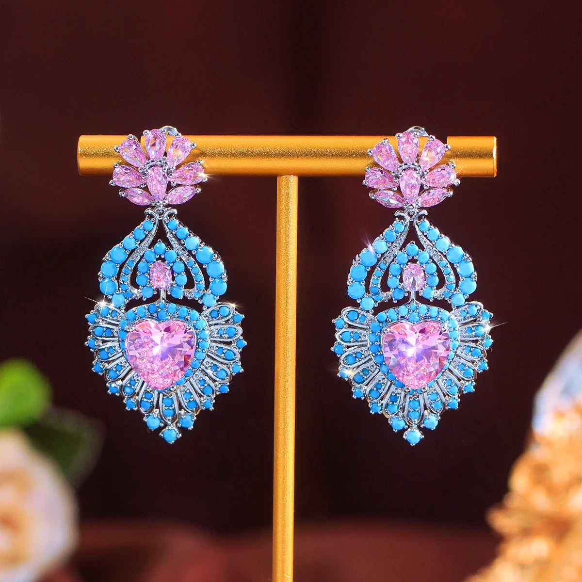 Elegant Turquoise Round Cubic Zirconia Earrings Pink Drop Heart Dangle Earrings for Lover Brides Rhodium Plated CZ Jewelry Gift