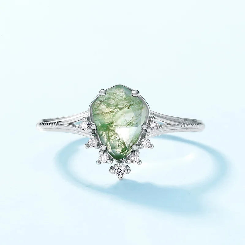 Cabochon Moss Agate Adjustable Ring — cabochon natural moss agate adjustable ring in rhodium-plated sterling silver, view 2 of 4