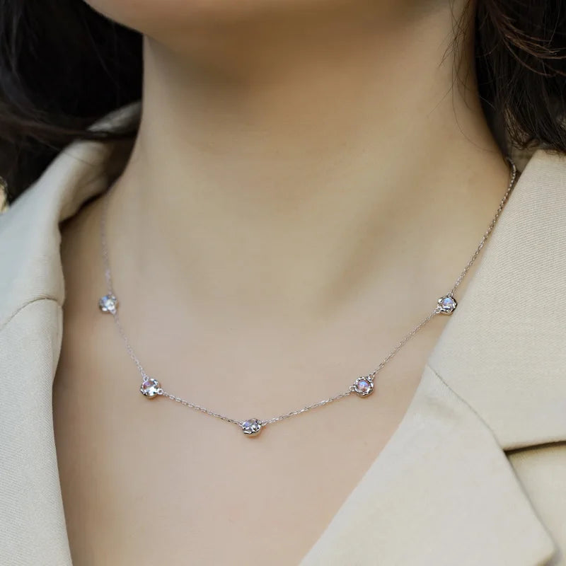 Blue Moonlight Moonstone Charm Necklace — round brilliant-cut moonstone charm in rhodium-plated sterling silver, view 2 of 6