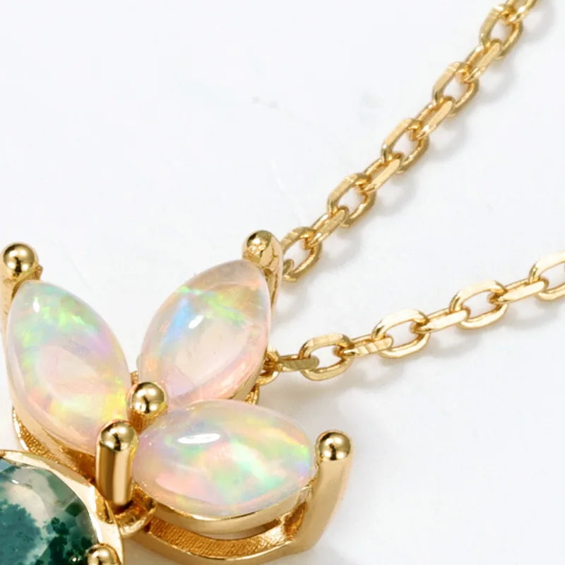 Oval Moss Agate Opal Pendant Necklace — oval-cut natural moss agate with opal accent in gold-plated sterling silver, view 4 of 5