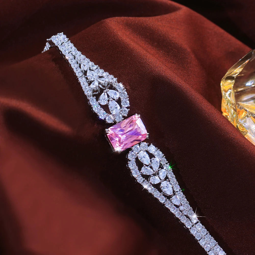 Trendy Rhodium Plated Cubic Zirconia Bracelet CZ Pink Baguette Shaped Crystal Drop Bracelet for Women Brides Wedding Jewelry