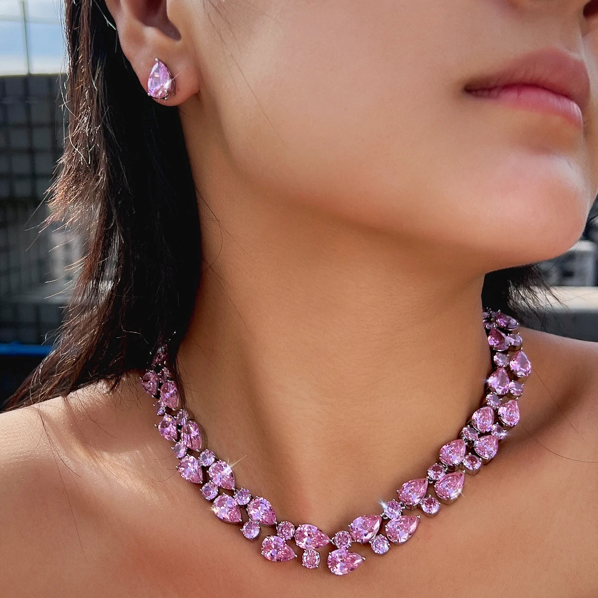 Lovely Rhodium Plated Necklace Stud Earrings Pink CZ Long Round Drop Necklace Stud Earrings for Women Brides Costume Jewelry