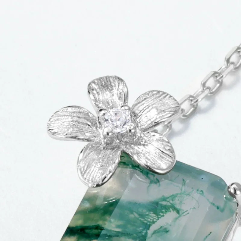 Flower Accent Moss Agate Pendant Necklace — rectangular-cut natural moss agate with flower accent in sterling silver, view 4 of 5