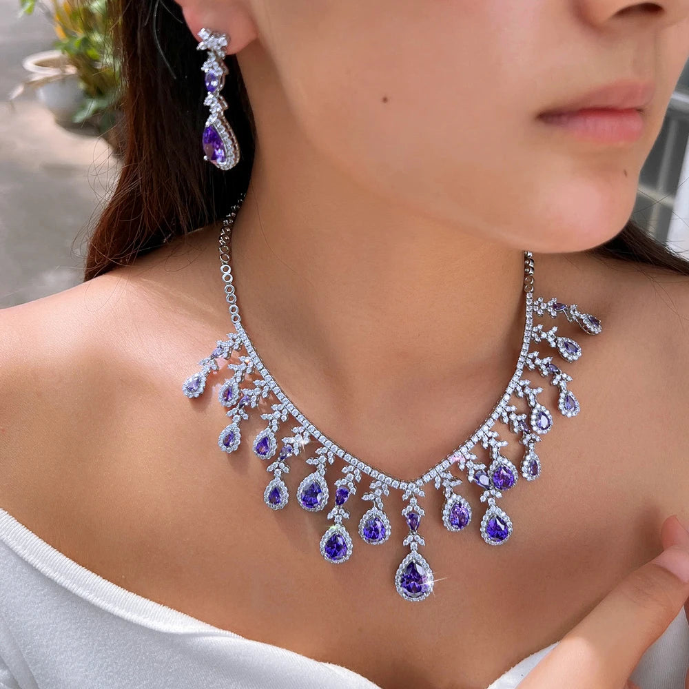 Gorgeous Long Tassel Necklace and Earrings CZ Zirconia Wedding Bridal Party Engagement Luxury Big Purple Jewelry Set for Women