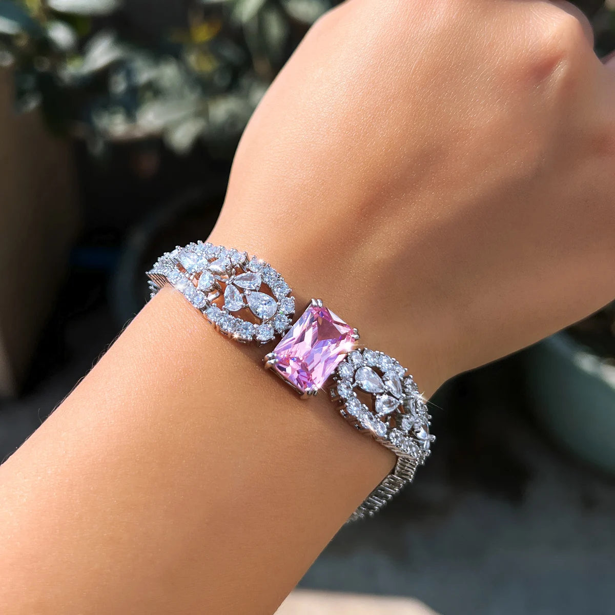 Trendy Rhodium Plated Cubic Zirconia Bracelet CZ Pink Baguette Shaped Crystal Drop Bracelet for Women Brides Wedding Jewelry