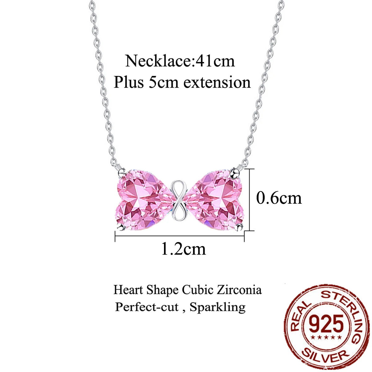 Solid 925 Sterling Silver Jewelry Lovely Pink Heart Cubic Zirconia Bow Pendant Necklace Jewelry for Women Birthday Dating Gifts