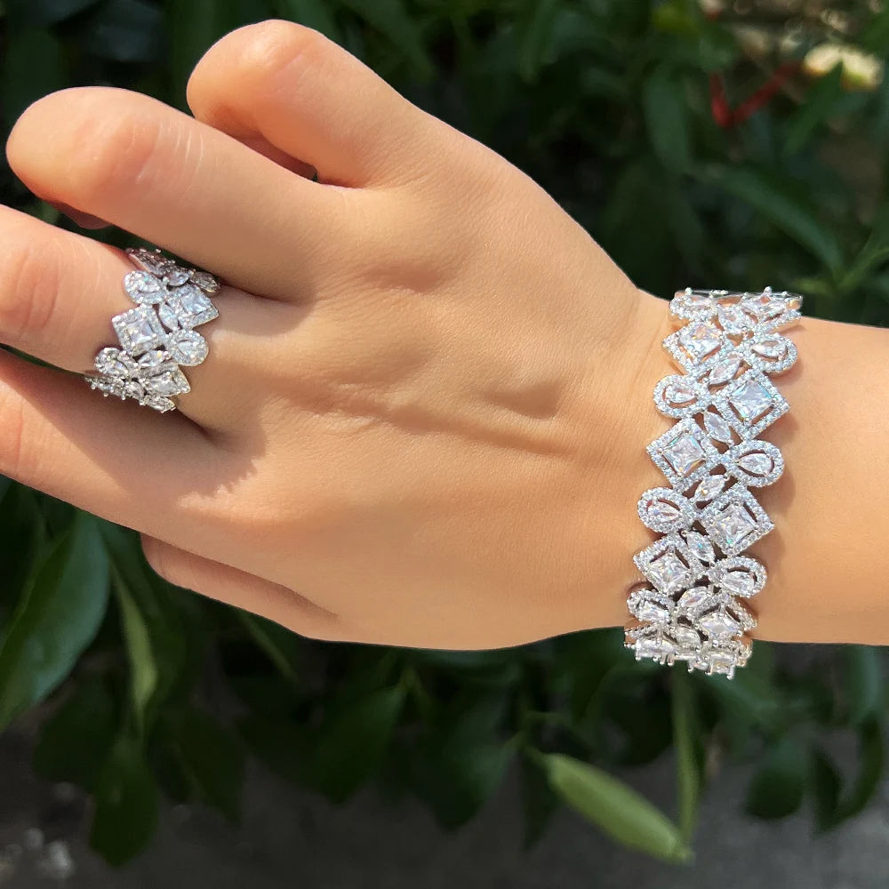Shiny White Best Cubic Zirconia Jewellery Wedding Bridal Luxury Wide Bangle and Ring Jewelry Set for Women Engagement Accessory