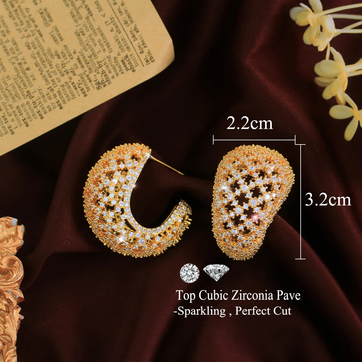 C Shape Hollow Oval Dubai Gold Plated Zirconia Paved Statement Hoop Earring for Women Evening Events Luxury Jewelry