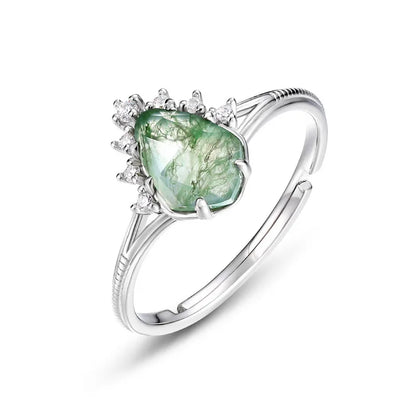 Cabochon Moss Agate Adjustable Ring — cabochon natural moss agate adjustable ring in rhodium-plated sterling silver
