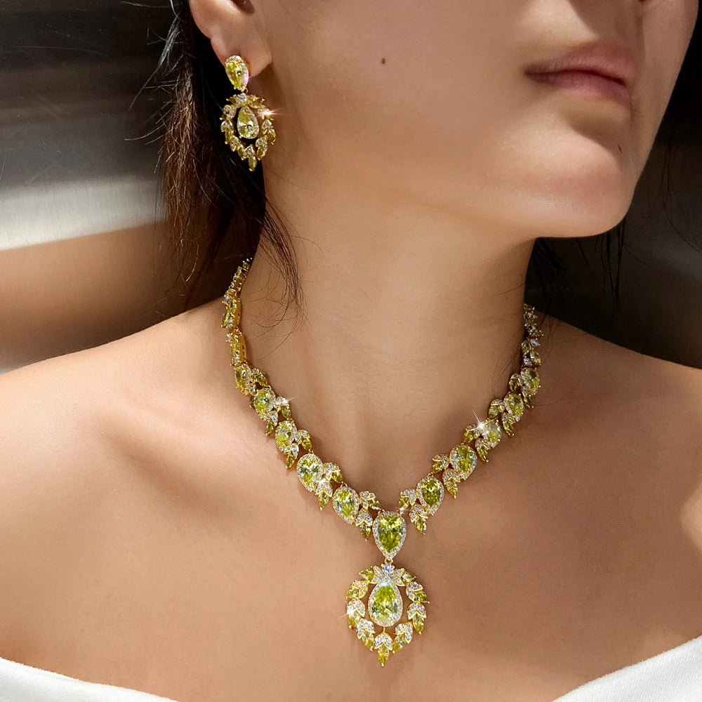 Glamorous Super Luxury Gold Plated Olive Yellow Cubic Zirconia Jewelry Set for Women Engagement Wedding Banquet Party