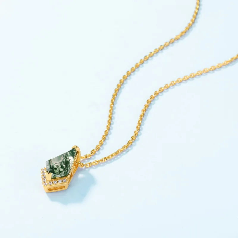 Woodland Kite Moss Agate Pendant Necklace — kite-cut natural green moss agate pendant in gold-plated sterling silver, view 3 of 6