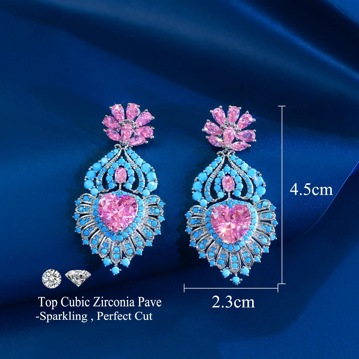 Elegant Turquoise Round Cubic Zirconia Earrings Pink Drop Heart Dangle Earrings for Lover Brides Rhodium Plated CZ Jewelry Gift