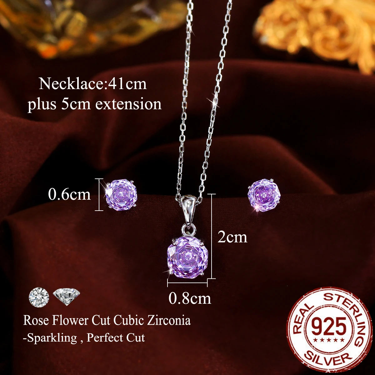 CZ Pendant Earrings Purple Zircon Round Rose Flower Cut Necklace Earrings for Girl Daily Wear 925 Sterling Silver Jewelry Set