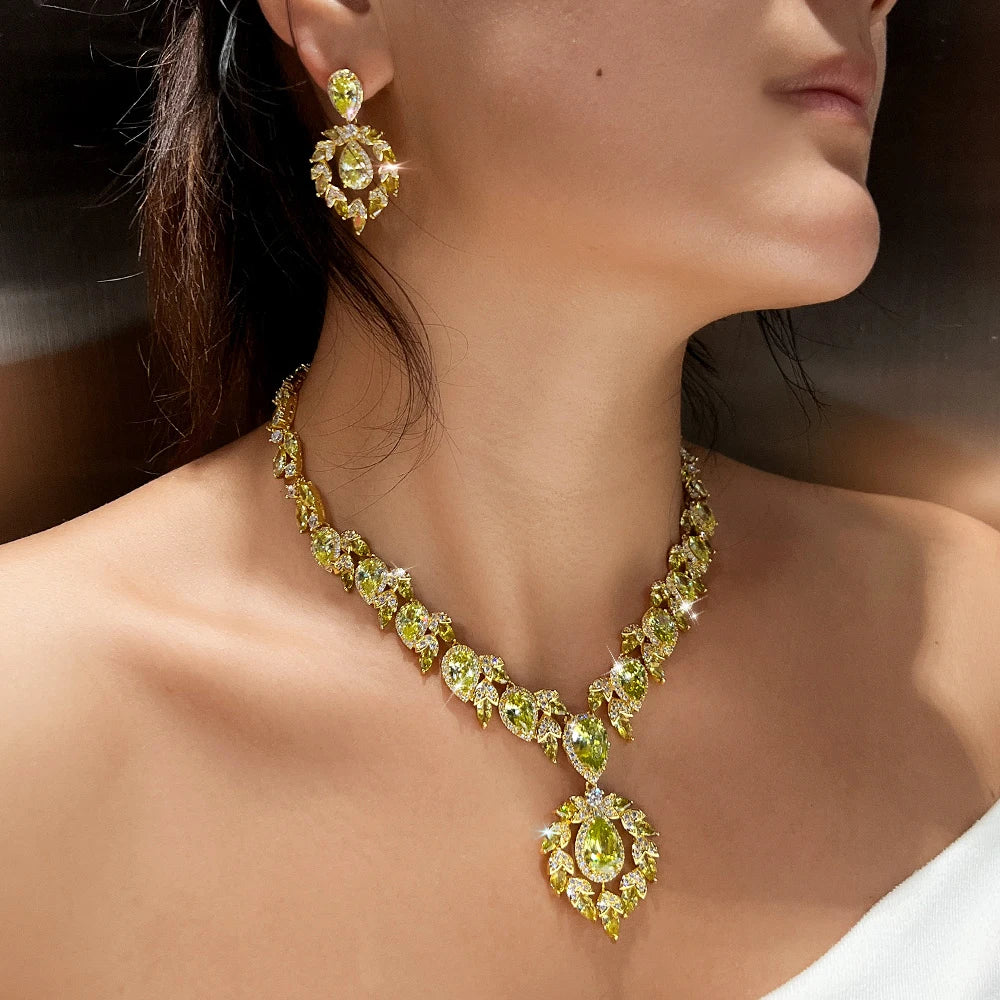 Glamorous Super Luxury Gold Plated Olive Yellow Cubic Zirconia Jewelry Set for Women Engagement Wedding Banquet Party