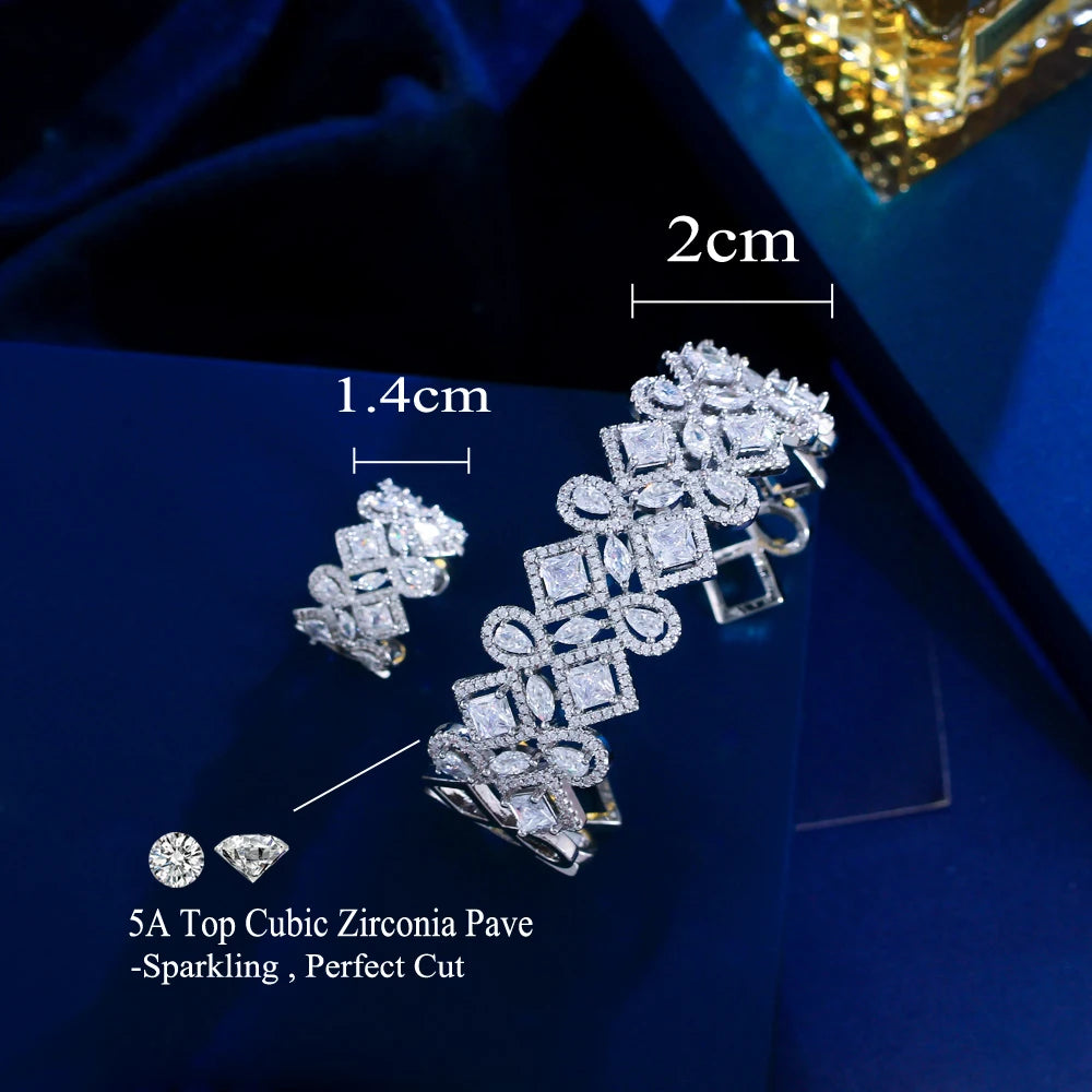Shiny White Best Cubic Zirconia Jewellery Wedding Bridal Luxury Wide Bangle and Ring Jewelry Set for Women Engagement Accessory