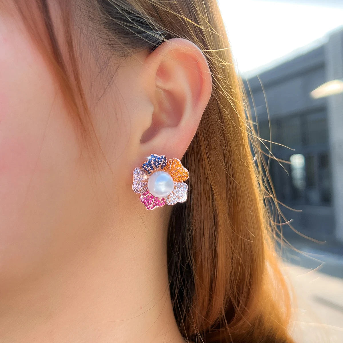 Cute Multicolored CZ Stud Earrings Cubic Zircon Flower Pearl Stud Earrings for Women Party Jewelry With Rose Gold Plated Jewelry