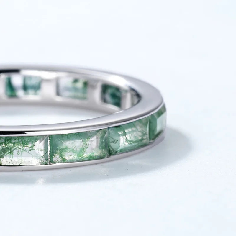 Moss Agate Eternity Band Ring — channel-set baguette-cut natural green moss agate in sterling silver, view 3 of 6