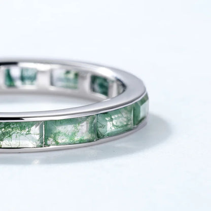 Moss Agate Eternity Band Ring — channel-set baguette-cut natural green moss agate in sterling silver, view 3 of 6