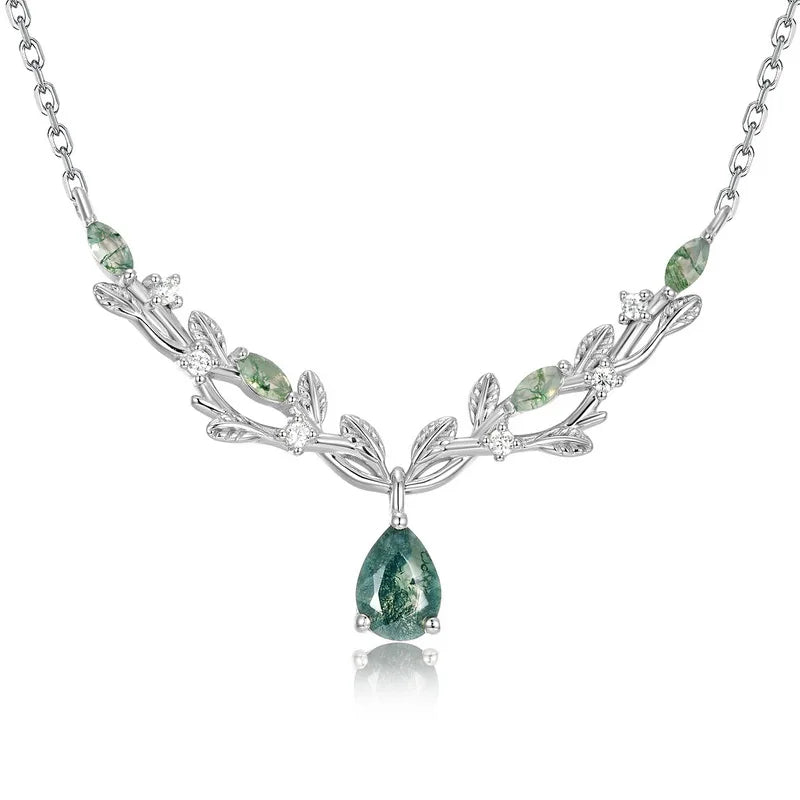 Vine Branch Moss Agate Teardrop Necklace — teardrop natural moss agate in sterling silver vine work