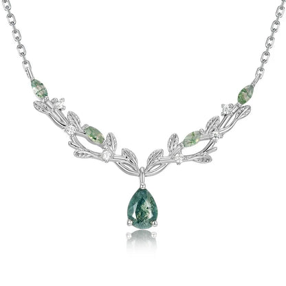 Vine Branch Moss Agate Teardrop Necklace — teardrop natural moss agate in sterling silver vine work