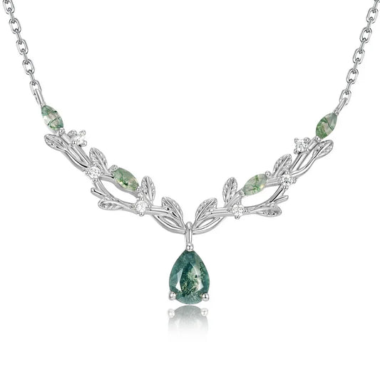 Vine Branch Moss Agate Teardrop Necklace — teardrop natural moss agate in sterling silver vine work