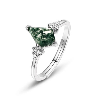 Dainty Silver Moss Agate Adjustable Ring — claw-set kite-cut green moss agate adjustable ring in sterling silver