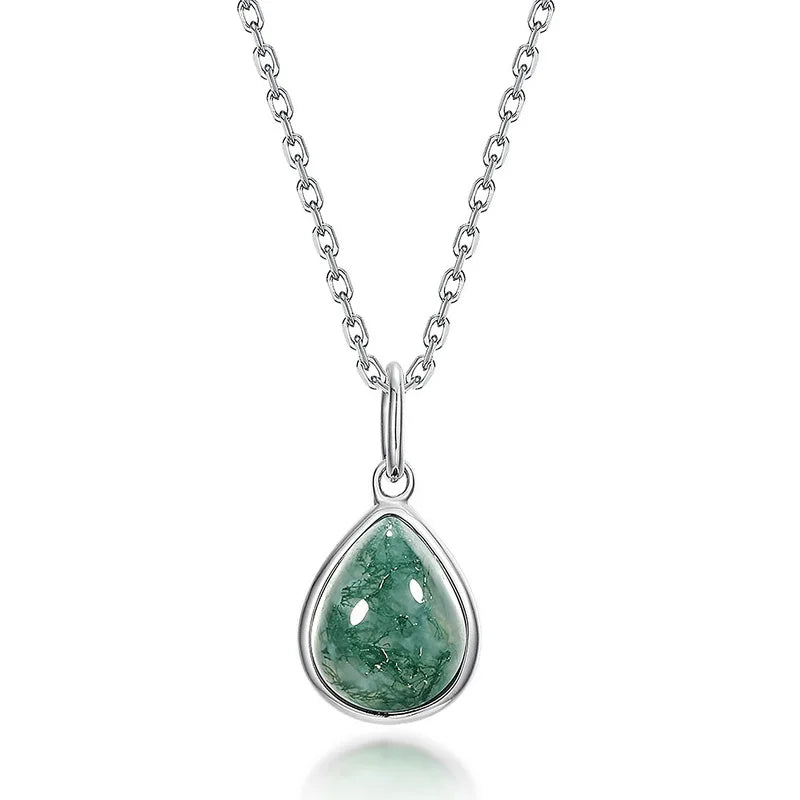 Teardrop Moss Agate Pendant Necklace — pear-cut natural moss agate teardrop in rhodium-plated sterling silver