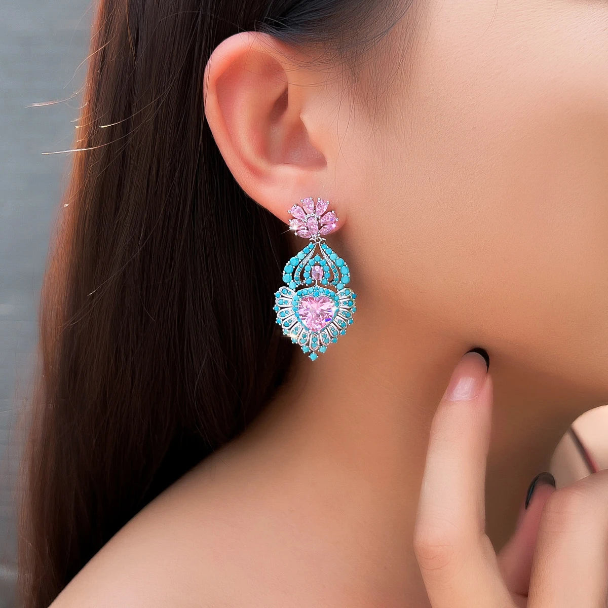 Elegant Turquoise Round Cubic Zirconia Earrings Pink Drop Heart Dangle Earrings for Lover Brides Rhodium Plated CZ Jewelry Gift