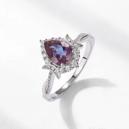 Crescent Moon Alexandrite Bridal Ring Set — pear-cut lab-created alexandrite two-ring set in rhodium-plated sterling silver, view 5 of 6
