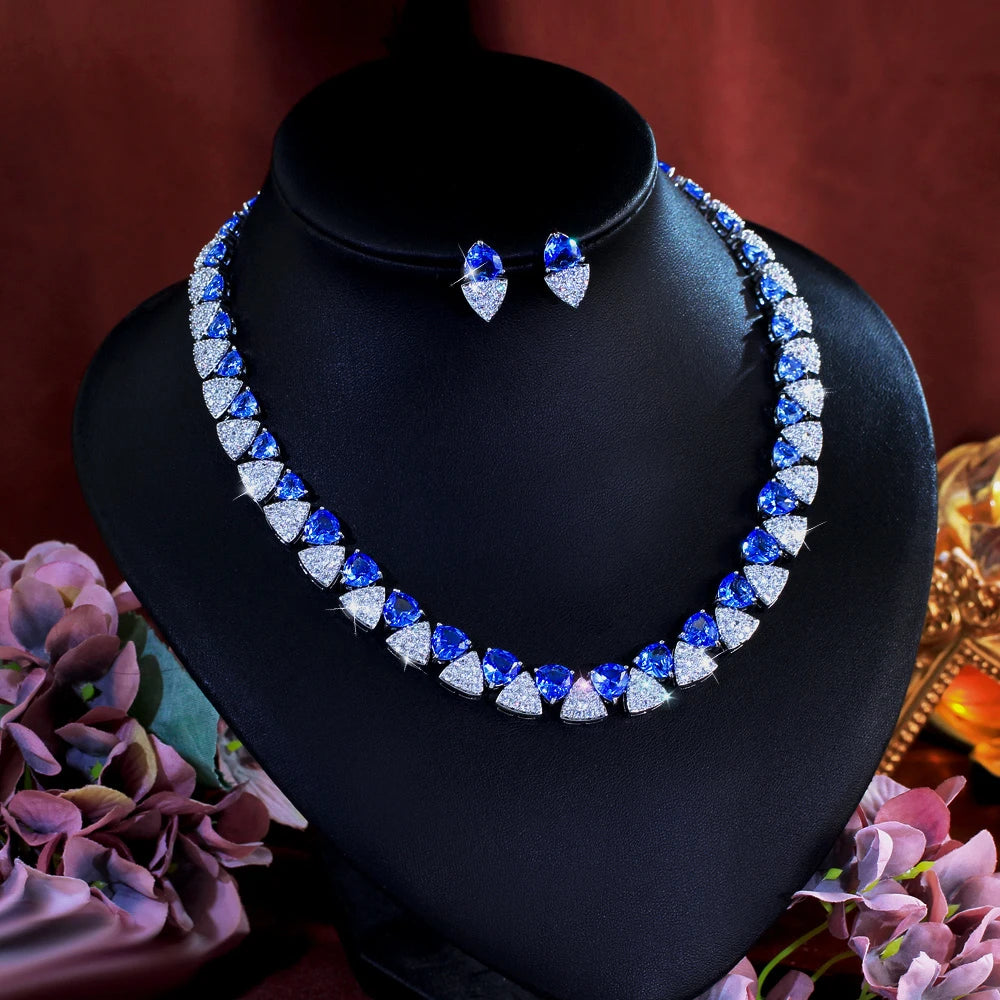 Luxury Unique Shiny Blue Synthetic Tanzanite Stone and White Zirconia Triangle Shape Bridal Wedding Party Jewelry Set for Women
