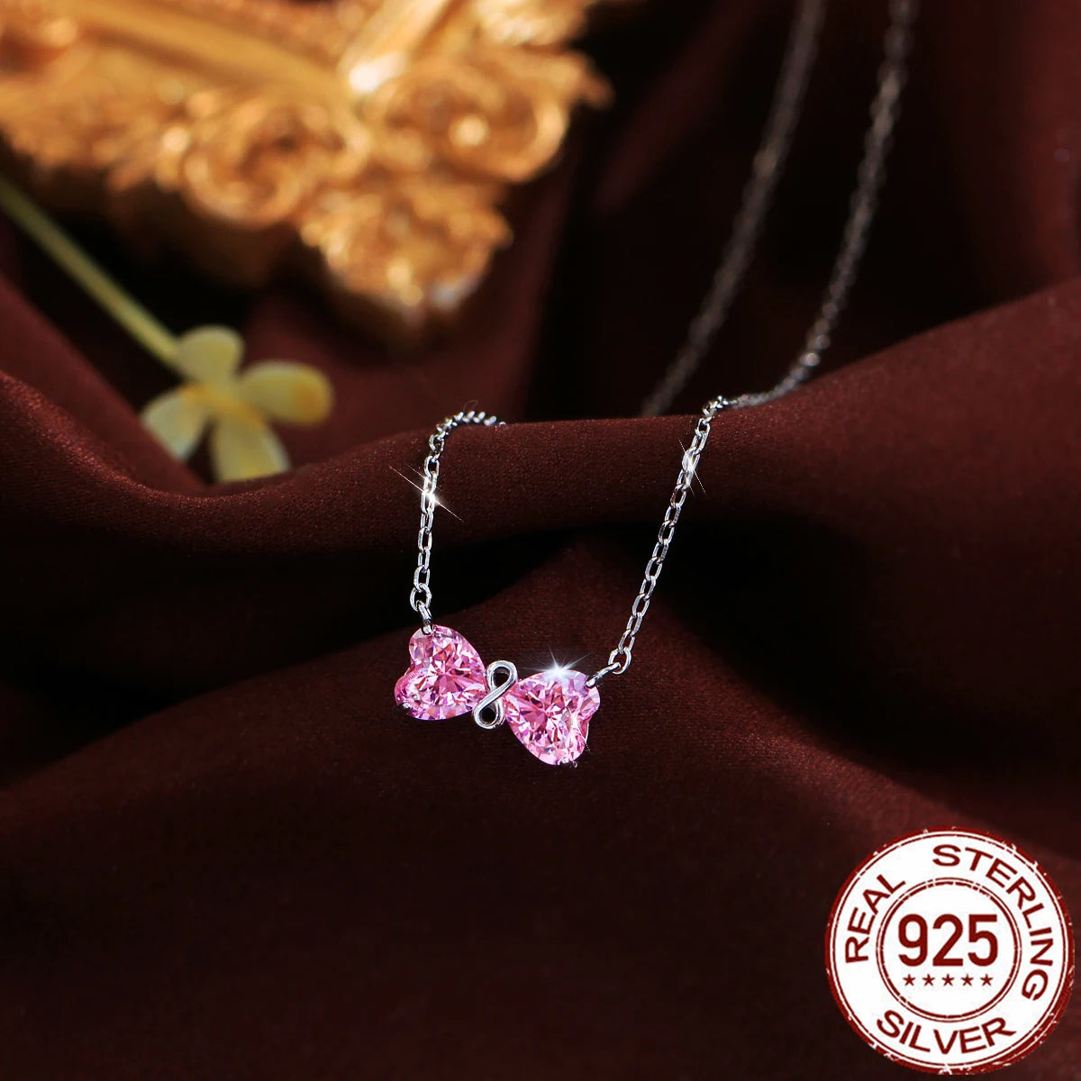 Solid 925 Sterling Silver Jewelry Lovely Pink Heart Cubic Zirconia Bow Pendant Necklace Jewelry for Women Birthday Dating Gifts
