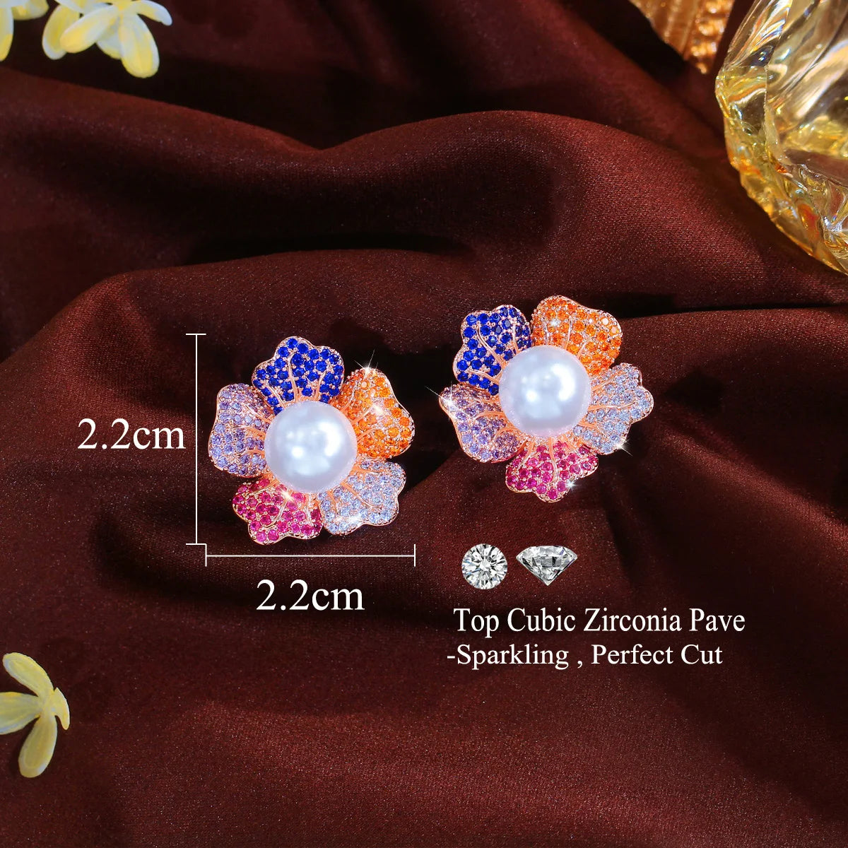 Cute Multicolored CZ Stud Earrings Cubic Zircon Flower Pearl Stud Earrings for Women Party Jewelry With Rose Gold Plated Jewelry
