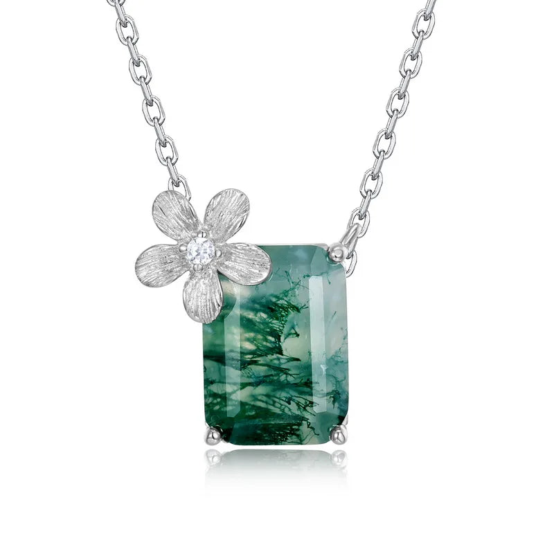 Flower Accent Moss Agate Pendant Necklace — rectangular-cut natural moss agate with flower accent in sterling silver