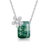 Flower Accent Moss Agate Pendant Necklace — rectangular-cut natural moss agate with flower accent in sterling silver