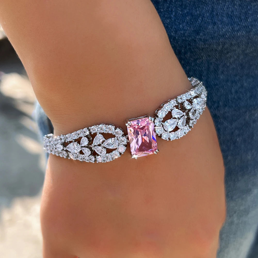 Trendy Rhodium Plated Cubic Zirconia Bracelet CZ Pink Baguette Shaped Crystal Drop Bracelet for Women Brides Wedding Jewelry