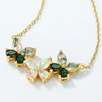 Trio Butterfly Moss Agate Opal Necklace — marquise-cut natural moss agate and opal butterfly pendant in gold-plated sterling silver, view 2 of 5