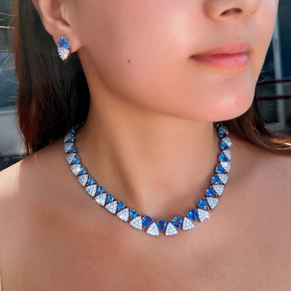 Luxury Unique Shiny Blue Synthetic Tanzanite Stone and White Zirconia Triangle Shape Bridal Wedding Party Jewelry Set for Women