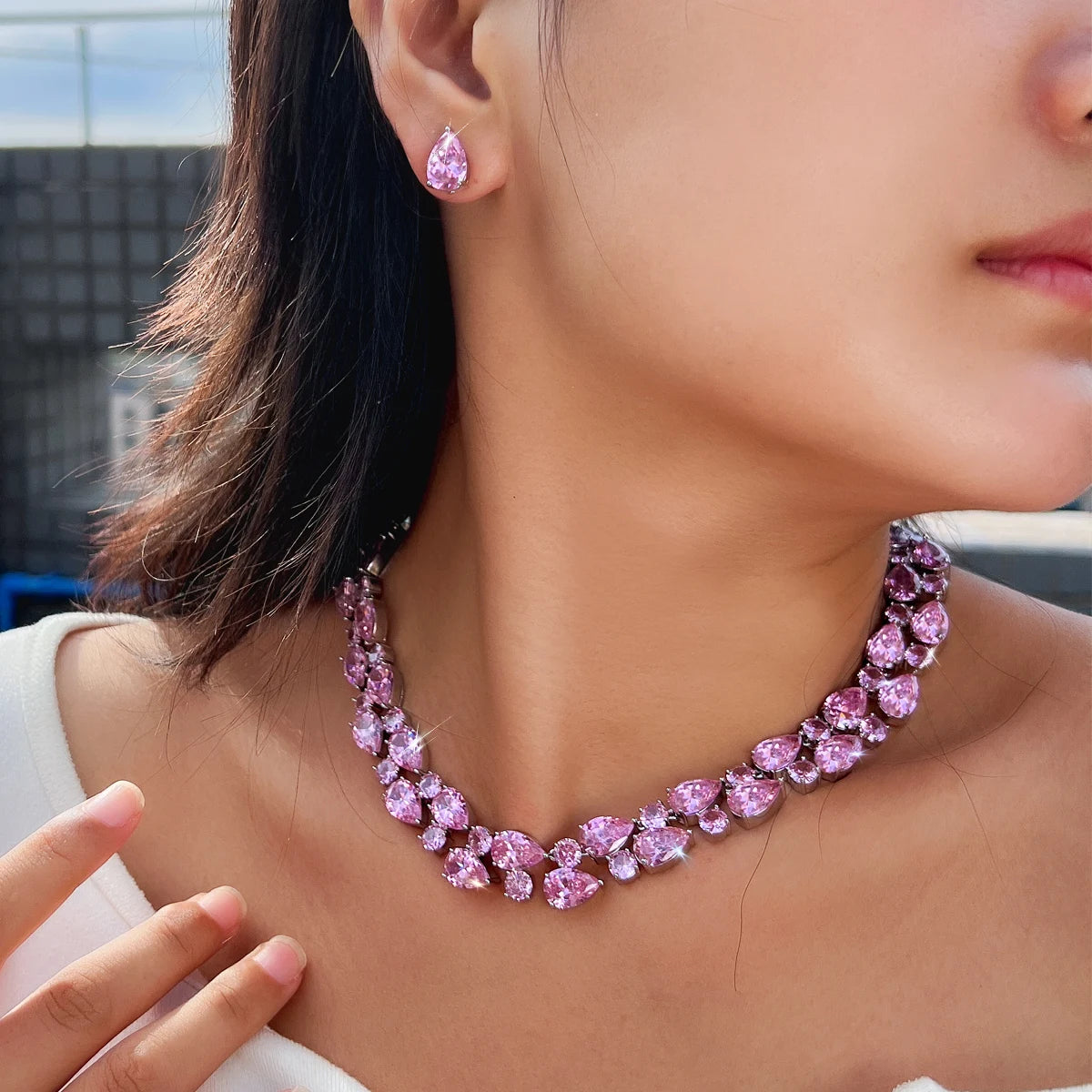 Lovely Rhodium Plated Necklace Stud Earrings Pink CZ Long Round Drop Necklace Stud Earrings for Women Brides Costume Jewelry