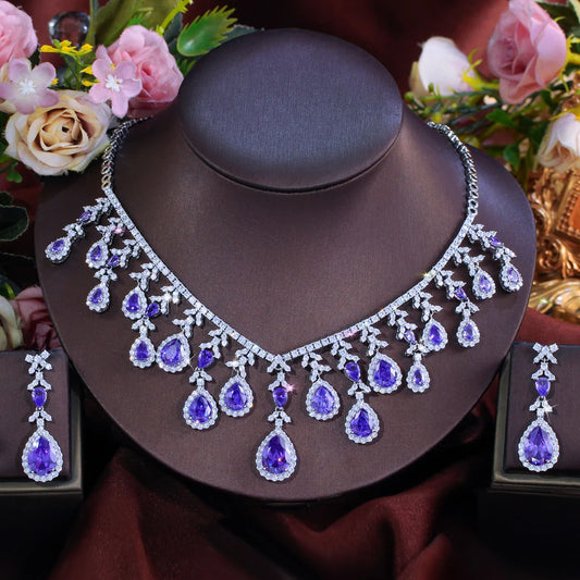 Gorgeous Long Tassel Necklace and Earrings CZ Zirconia Wedding Bridal Party Engagement Luxury Big Purple Jewelry Set for Women