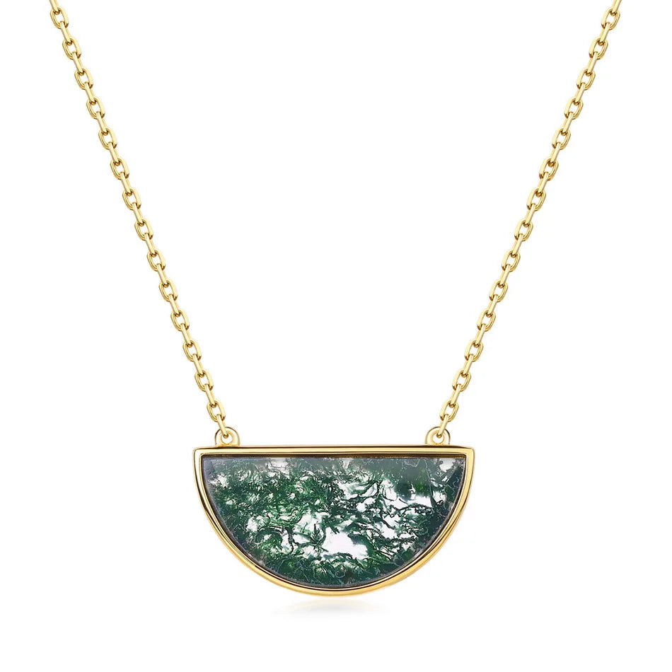 Half Circle Moss Agate Bar Necklace — half-circle bar of natural moss agate in gold-plated sterling silver