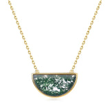 Half Circle Moss Agate Bar Necklace — half-circle bar of natural moss agate in gold-plated sterling silver