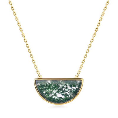Half Circle Moss Agate Bar Necklace — half-circle bar of natural moss agate in gold-plated sterling silver
