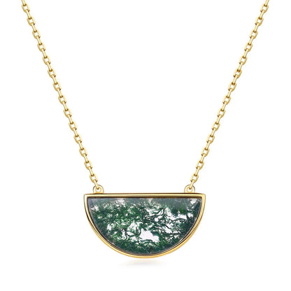 Half Circle Moss Agate Bar Necklace — half-circle bar of natural moss agate in gold-plated sterling silver