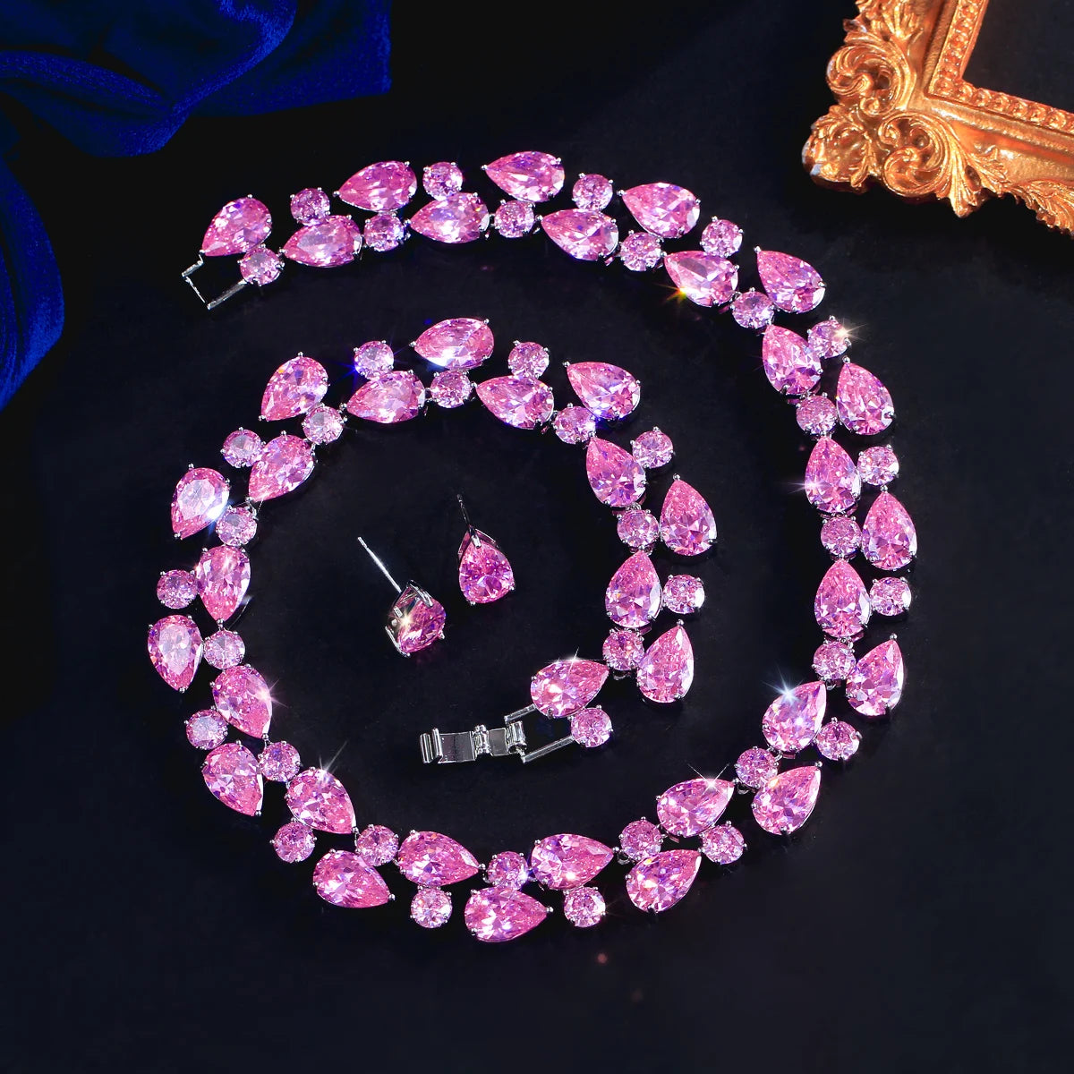 Lovely Rhodium Plated Necklace Stud Earrings Pink CZ Long Round Drop Necklace Stud Earrings for Women Brides Costume Jewelry